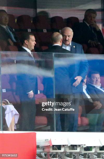 President of Belarus Alexander Lukashenko with President of Russia Vladimir Putin while Prime Minister of Russia Dmitry Medvedev looks on during the...