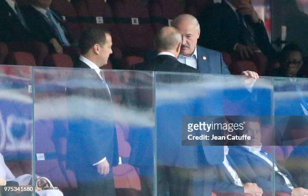 President of Belarus Alexander Lukashenko with President of Russia Vladimir Putin while Prime Minister of Russia Dmitry Medvedev looks on during the...
