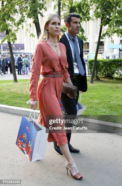 Luis Figo and his wife Helen Svedin following the 2018 FIFA World Cup Russia group A match between Russia and Saudi Arabia at Luzhniki Stadium on...