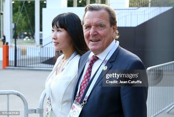 Gerhard Schroder and So-yeon Kim following the 2018 FIFA World Cup Russia group A match between Russia and Saudi Arabia at Luzhniki Stadium on June...