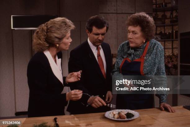 Joan Lunden, Charles Gibson, Julia Child cooking on 'Good Morning America'.