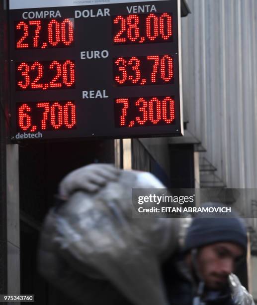 Currency exchange values are seen in the buy-sell board of a bureau de change in the financial district of Buenos Aires on June 15, 2018. -...