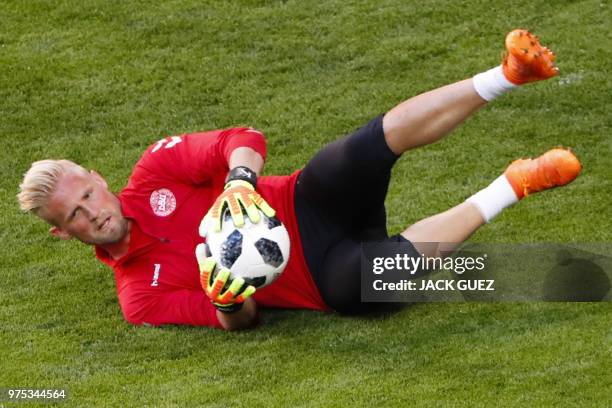 Denmark's goalkeeper Kasper Schmeichel catches the ball as he takes part in a training session of Denmark's national football team at the Mordovia...