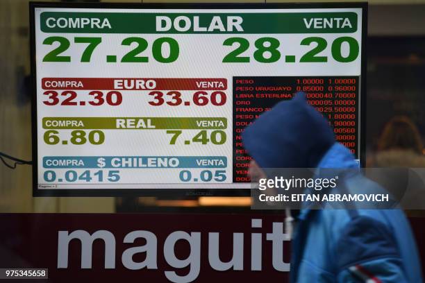 Currency exchange values are seen in the buy-sell board of a bureau de change in the financial district of Buenos Aires on June 15, 2018. -...