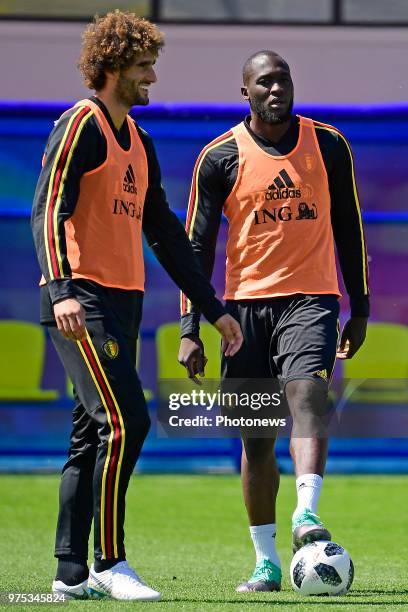 Marouane Fellaini midfielder of Belgium and Romelu Lukaku forward of Belgium pictured during a training session of the National Soccer Team of...