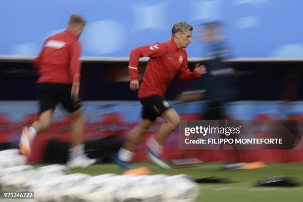 Denmark's defender Jens Stryger Larsen takes part in a training session of Denmark's national football team at the Mordovia Arena in Saransk, on June...