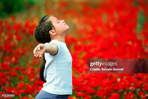 young girl with outstretched arms in poppy field - stehmohn stock-fotos und bilder