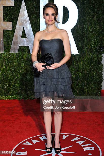 Actress Natalie Portman arrives at the 2010 Vanity Fair Oscar Party held at Sunset Tower on March 7, 2010 in West Hollywood, California.