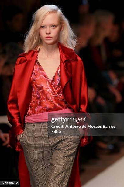 Model walks the runway during the Emmanuel Ungaro Ready to Wear show as part of the Paris Womenswear Fashion Week Fall/Winter 2011 at Hotel Westin on...