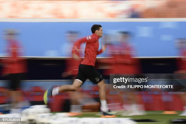 Denmark's defender Andreas Christensen takes part in a training session of Denmark's national football team at the Mordovia Arena in Saransk, on June...