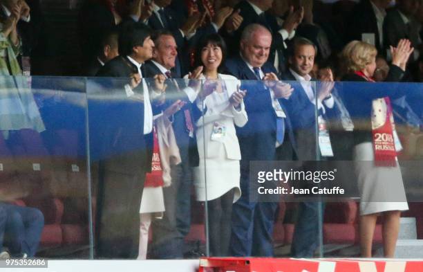 President of Bolivia Evo Morales, Gerhard Schroder and So-yeon Kim during the 2018 FIFA World Cup Russia group A match between Russia and Saudi...