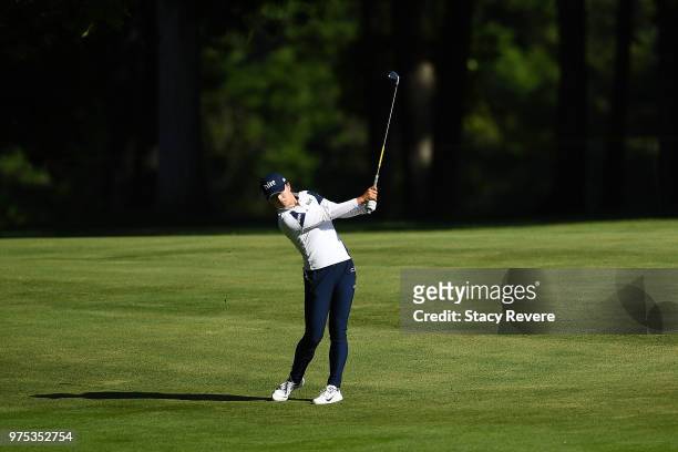Jin Young Ko of Korea hits her second shot on the 15th hole during the second round of the Meijer LPGA Classic for Simply Give at Blythefield Country...