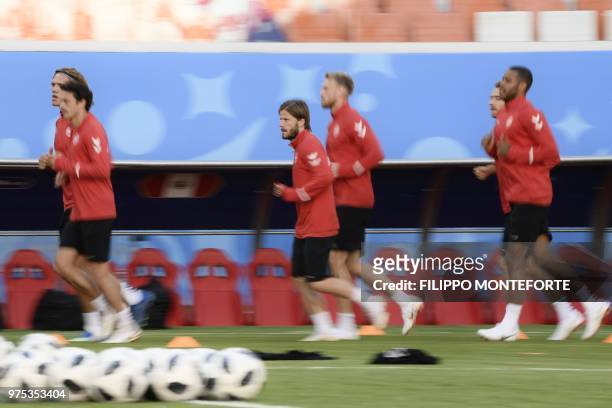 Denmark's midfielder Lasse Schone takes part in a training session of Denmark's national football team at the Mordovia Arena in Saransk, on June 15,...