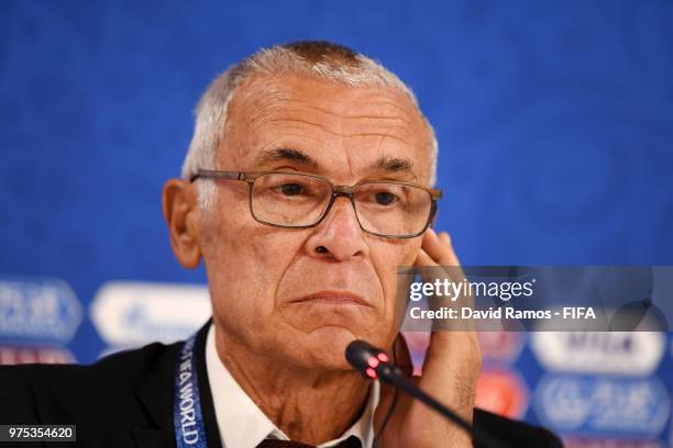 Hector Cuper, Head coach of Egypt looks on during the press conference after the 2018 FIFA World Cup Russia group A match between Egypt and Uruguay...