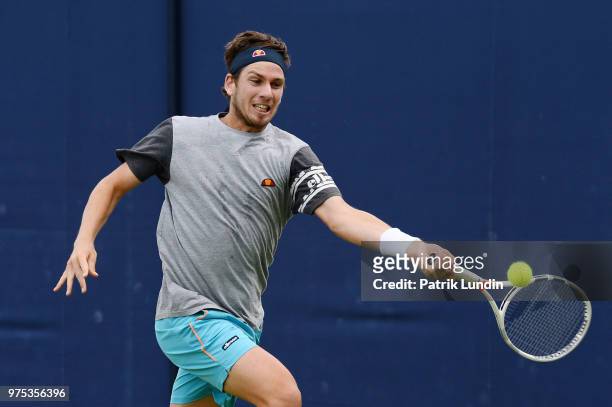 Cameron Norrie of Great Britain hits a forehand in practice during preview Day 3 of the Fever-Tree Championships at Queens Club on June 15, 2018 in...