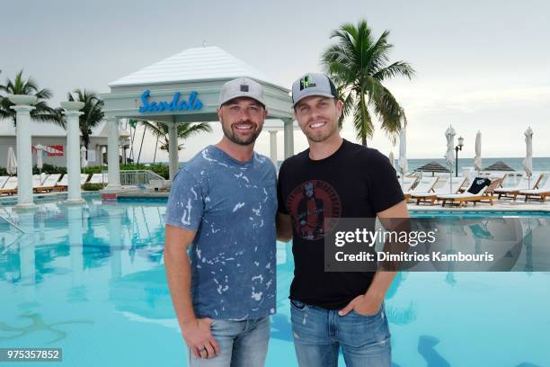 Host Cody Alan interviews Dustin Lynch at Sandals Royal Bahamian during CMT Story Behind the Songs LIV+ Weekend with Jason Aldean and Dustin Lynch on...