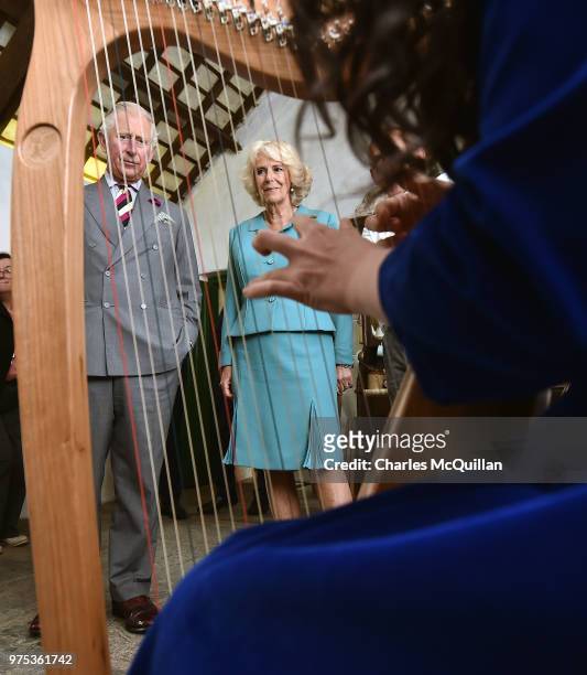 Prince Charles, Prince of Wales and Camilla, Duchess of Cornwall are given a harp playing display on their visit to Muckross House on June 15, 2018...