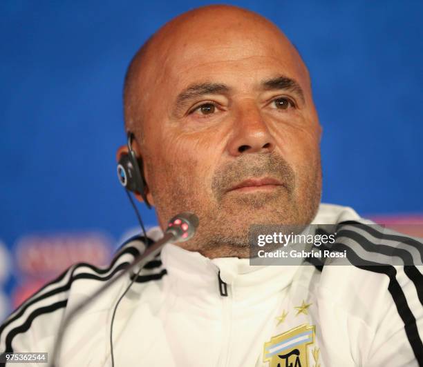 Jorge Sampaoli of Argentina looks on during a press conference at Spartak Stadium on June 15, 2018 in Bronnitsy, Russia.