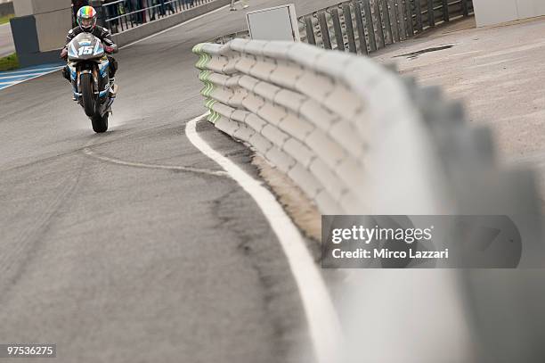 Alex De Angelis of San Marino and Scot Racing Team lifts the front wheel during the first day of testing at Circuito de Jerez on March 6, 2010 in...