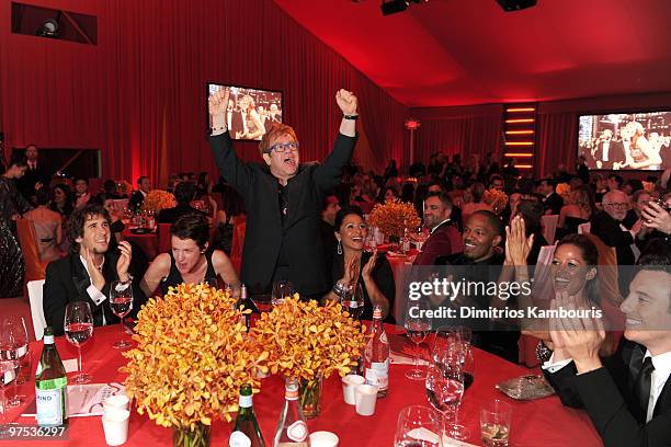 Musicians Josh Groban, Sir Elton John, actors Stacey Dash, and Jamie Foxx attend the 18th Annual Elton John AIDS Foundation Oscar party held at...