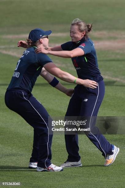 England Women bowler Laura Marsh celebrates with captain Heather Knight after taking the wicket of Marizanne Kapp of South Africa Women during the...