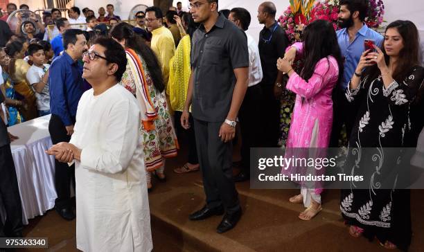 Well-wishers of MNS Chief Raj Thackeray celebrate and greet him on his 50th birthday at his residence at Shivaji Park, on June 14, 2018 in Mumbai,...