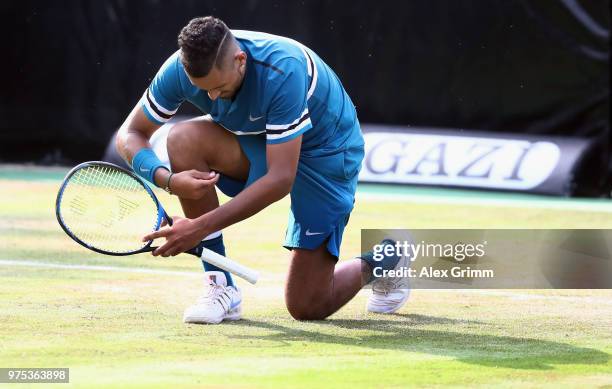 Nick Kyrgios of Australia celebrates after defeating Feliciano Lopez of Spain during day 5 of the Mercedes Cup at Tennisclub Weissenhof on June 15,...