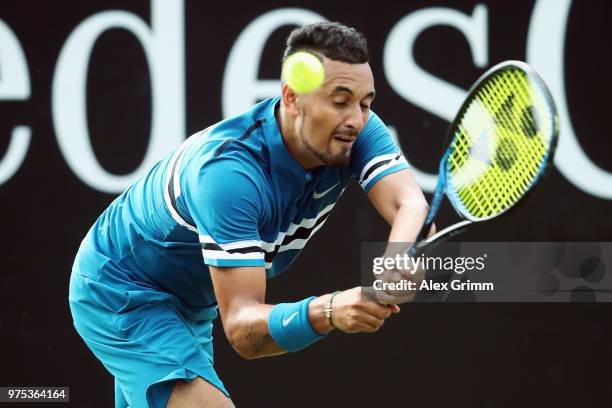 Nick Kyrgios of Australia plays a backhand to Feliciano Lopez of Spain during day 5 of the Mercedes Cup at Tennisclub Weissenhof on June 15, 2018 in...