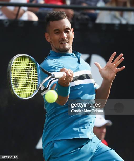 Nick Kyrgios of Australia plays a forehand to Feliciano Lopez of Spain during day 5 of the Mercedes Cup at Tennisclub Weissenhof on June 15, 2018 in...