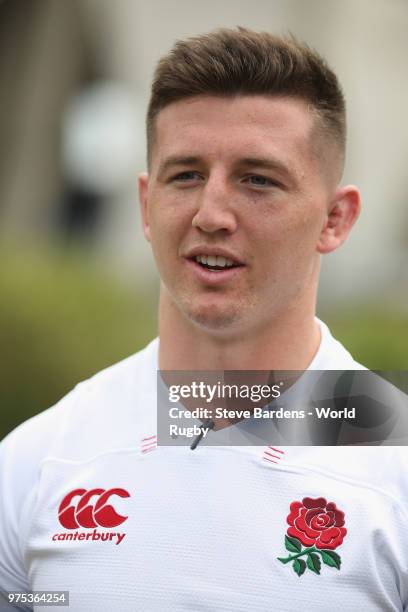 The England U20 rugby captain Ben Curry talks to the media during the World Rugby via Getty Images U20 Championship Final Captain's photo call at the...