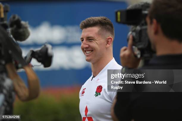 The England U20 rugby captain Ben Curry talks to the media during the World Rugby via Getty Images U20 Championship Final Captain's photo call at the...