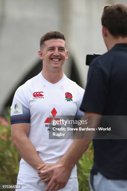 The England U20 rugby captain Ben Curry talks to the media during the World Rugby via Getty Images U20 Championship Final Captain's photo call at the...