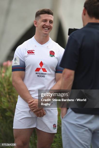 The England U20 rugby captain Ben Curry talks to the media during the World Rugby via Getty Images U20 Championship Final Captain's photo call at the...