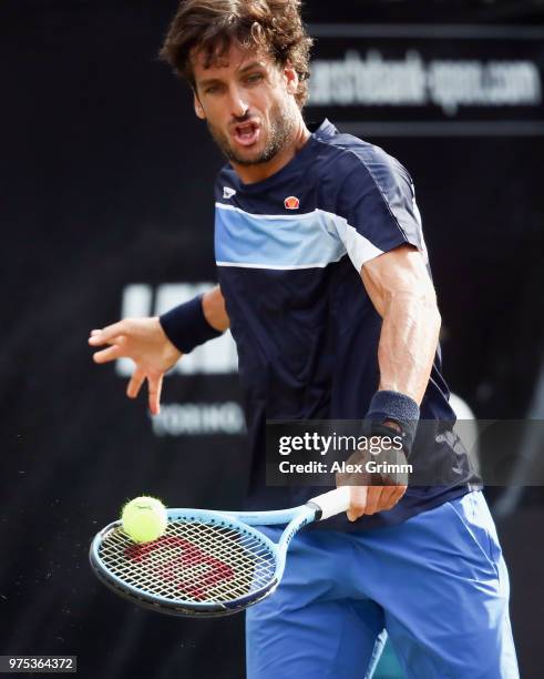 Feliciano Lopez of Spain plays a backhand to Nick Kyrgios of Australia during day 5 of the Mercedes Cup at Tennisclub Weissenhof on June 15, 2018 in...