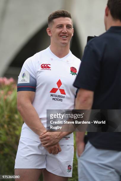 The England U20 rugby captain Ben Curry talks to the media during the World Rugby via Getty Images U20 Championship Final Captain's photo call at the...