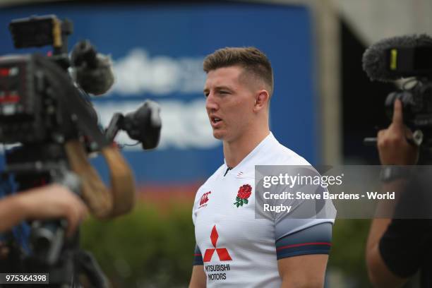 The England U20 rugby captain Ben Curry talks to the media during the World Rugby via Getty Images U20 Championship Final Captain's photo call at the...