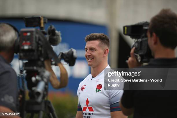 The England U20 rugby captain Ben Curry talks to the media during the World Rugby via Getty Images U20 Championship Final Captain's photo call at the...