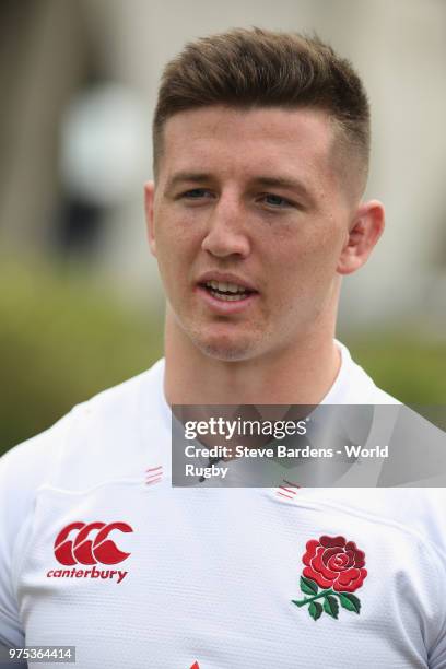 The England U20 rugby captain Ben Curry talks to the media during the World Rugby via Getty Images U20 Championship Final Captain's photo call at the...