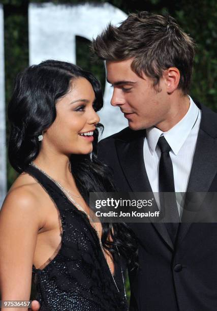 Actress Vanessa Hudgens and Actor Zac Efron arrive at the 2010 Vanity Fair Oscar Party held at Sunset Tower on March 7, 2010 in West Hollywood,...