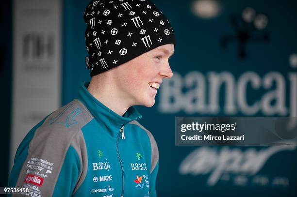 Bradley Smith of Great Britain and Bancaja Aspar Team smiles in box during the second day of testing at Circuito de Jerez on March 7, 2010 in Jerez...