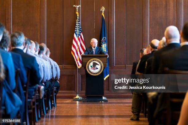 Attorney General Jeff Sessions delivers remarks on immigration and law enforcement actions on at Lackawanna College June 15, 2018 in Scranton,...