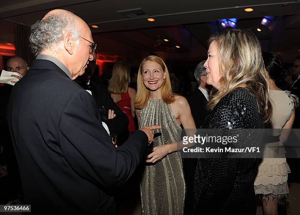 Actors Larry David, Patricia Clarkson and Catherine O'Hara attends the 2010 Vanity Fair Oscar Party hosted by Graydon Carter at the Sunset Tower...