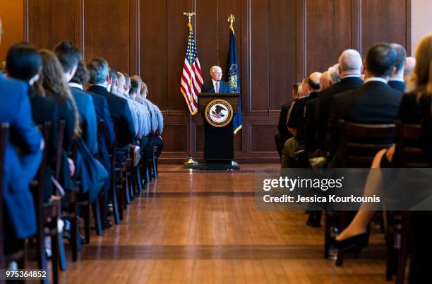 Attorney General Jeff Sessions delivers remarks on immigration and law enforcement actions on at Lackawanna College June 15, 2018 in Scranton,...