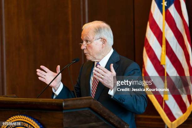 Attorney General Jeff Sessions delivers remarks on immigration and law enforcement actions on at Lackawanna College June 15, 2018 in Scranton,...