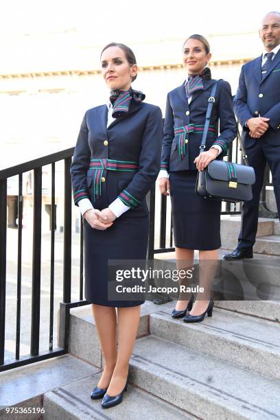 The new uniforms of Alitalia are presented ahead the Alberta Ferretti show during Milan Men's Fashion Week Spring/Summer 2019 on June 15, 2018 in...