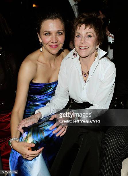 Actresses Maggie Gyllenhaal and Jane Fonda attend the 2010 Vanity Fair Oscar Party hosted by Graydon Carter at the Sunset Tower Hotel on March 7,...