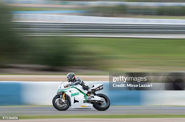 Antony West of Australia and MZ Racing T. Heads down a straight during the first day of testing at Circuito de Jerez on March 6, 2010 in Jerez de la...