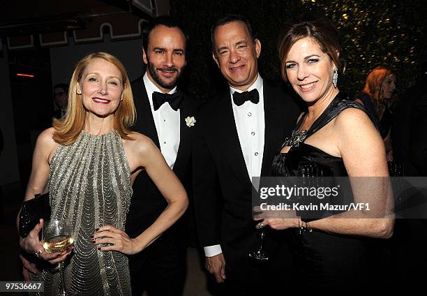 Actor Patricia Clarkson, director/designer Tom Ford, and actors Tom Hanks and Rita Wilson attend the 2010 Vanity Fair Oscar Party hosted by Graydon...