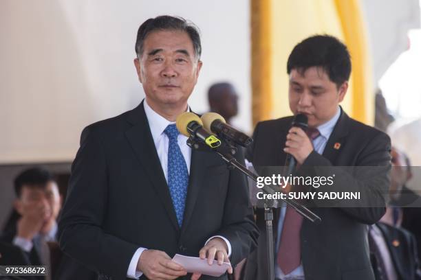 China's third vice prime minister, Wang Yang speaks during the inauguration ceremony of the Chinese-funded 51-kilometer Expressway linking the...