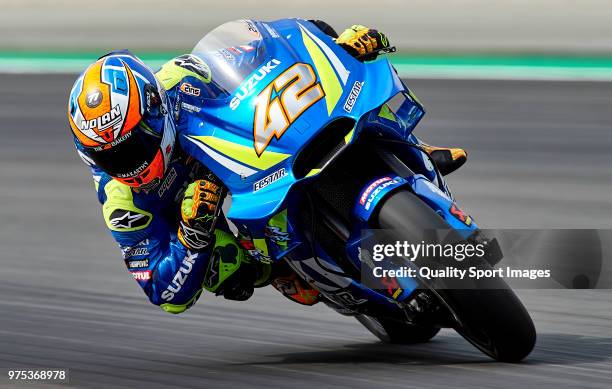 Alex Rins of Spain and Team Suzuki Ecstar rounds the bend during free practice for the MotoGP of Catalunya at Circuit de Catalunya on June 15, 2018...